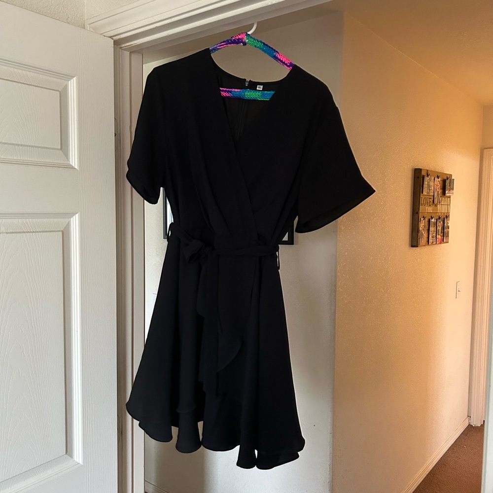 Classic Black Wrap Dress - Elegant Short Sleeve